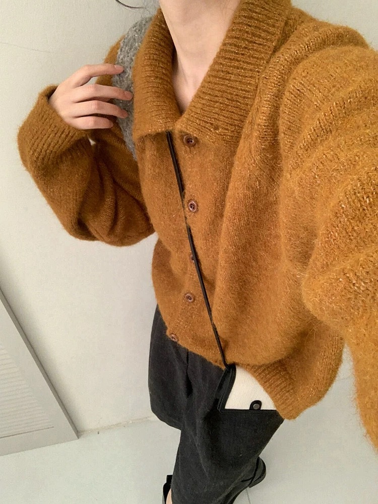 韩系复古立领高领毛衣外套女秋冬软糯糯上衣外穿宽松慵懒针织开衫