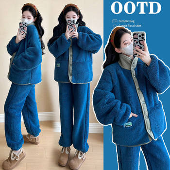 Maternity Wear Winter Velvet Thickeneded Home Clothes Set 2025 New Confinement Clothes Two-Piece Set for Pregnant Mothers