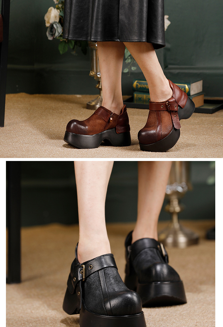 Boot nữ cổ thấp da bò thật đế dày khóa kéo hông phong cách cổ điển — Màu cà phê, màu đen