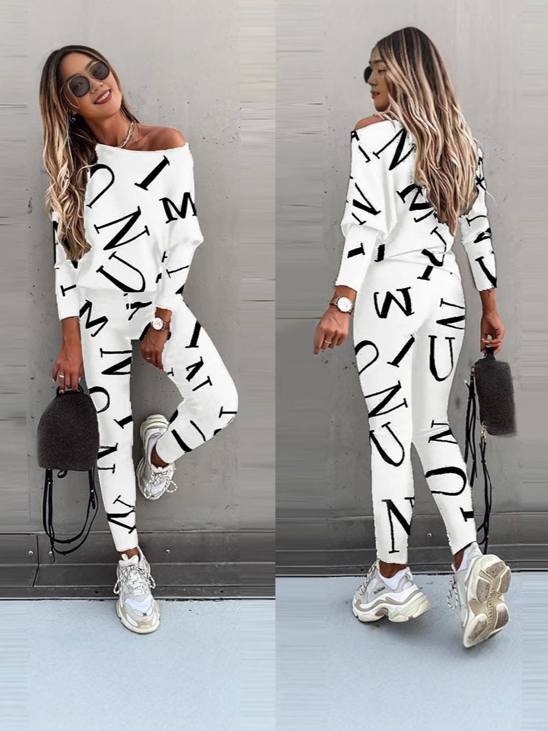 2025 Autumn New Amazon Hot European and American Clothing Letter Printed Long Sleeve Trousers Casual Suit