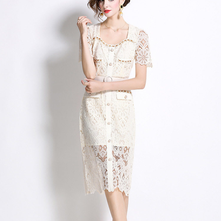 French Style Summer Dress Elegant Fitted Design Square Neck Beaded and Rhinestone Embellishments Mid Length Lace