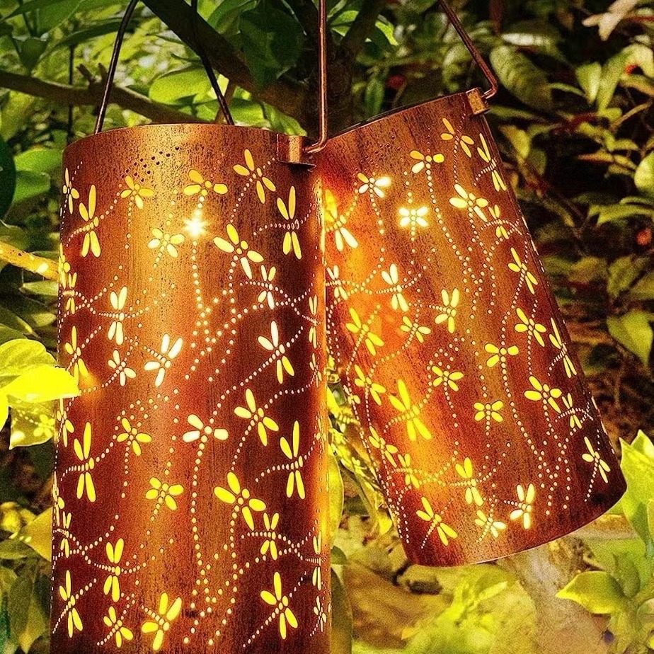 Solar Dragonlamp Outdoor Waterproof Courtyard Decoration Iron Cylinder Hollow Lantern Garden Landscape Decoration Hanging Lamp