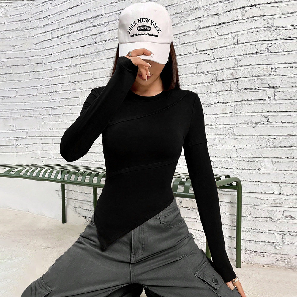 Womens Long Sleeve T Shirt Asymmetrical Neckline Slim Fit Solid Color Knitted Fabric Fall Winter Fashion