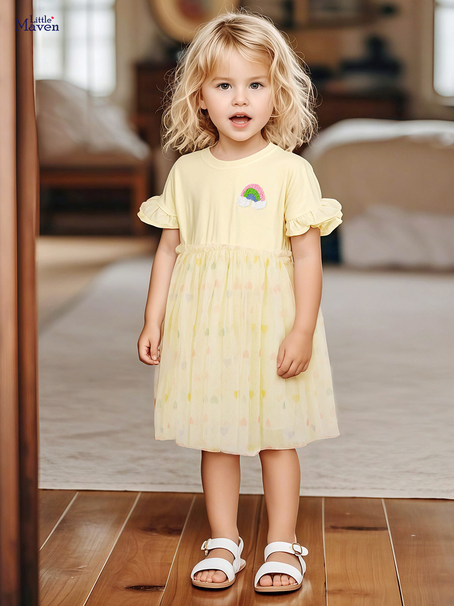 Mignon robe de fille, jupe pour enfants en coton pur à manches volantées, robe en tulle de fille d'été