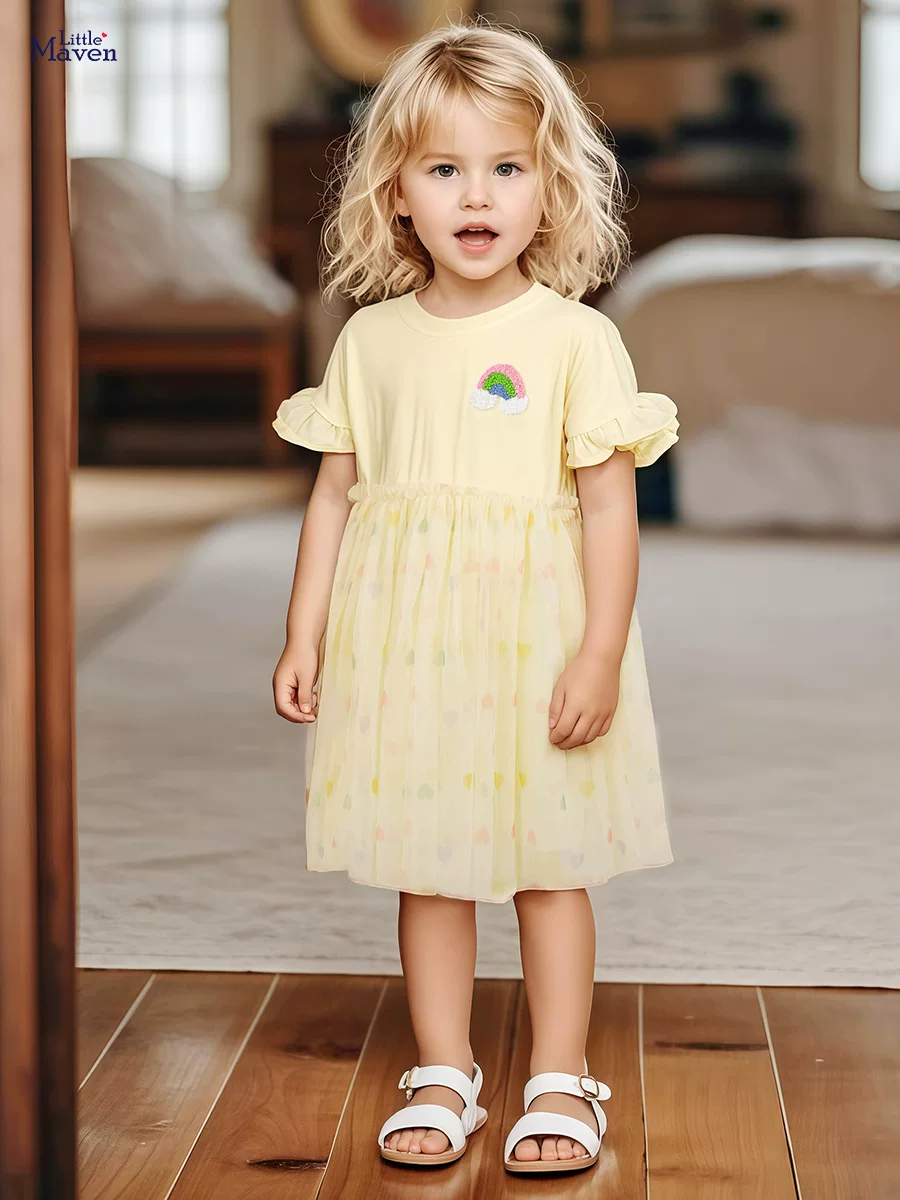 Mignon robe de fille, jupe pour enfants en coton pur à manches volantées, robe en tulle de fille d'été