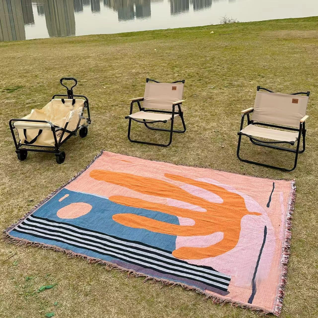 Custom cross-border camping blanket moisture-proof camping mat jacquard tapestry cartoon wind sofa towel cotton thread blanket sofa blanket wholesale