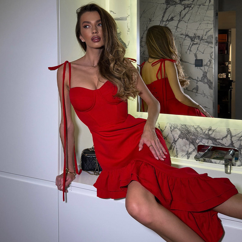 French Style Strapless Dress Spring Collection Irregular Hem Ruffle Details Elegant Design Perfect for Parties and