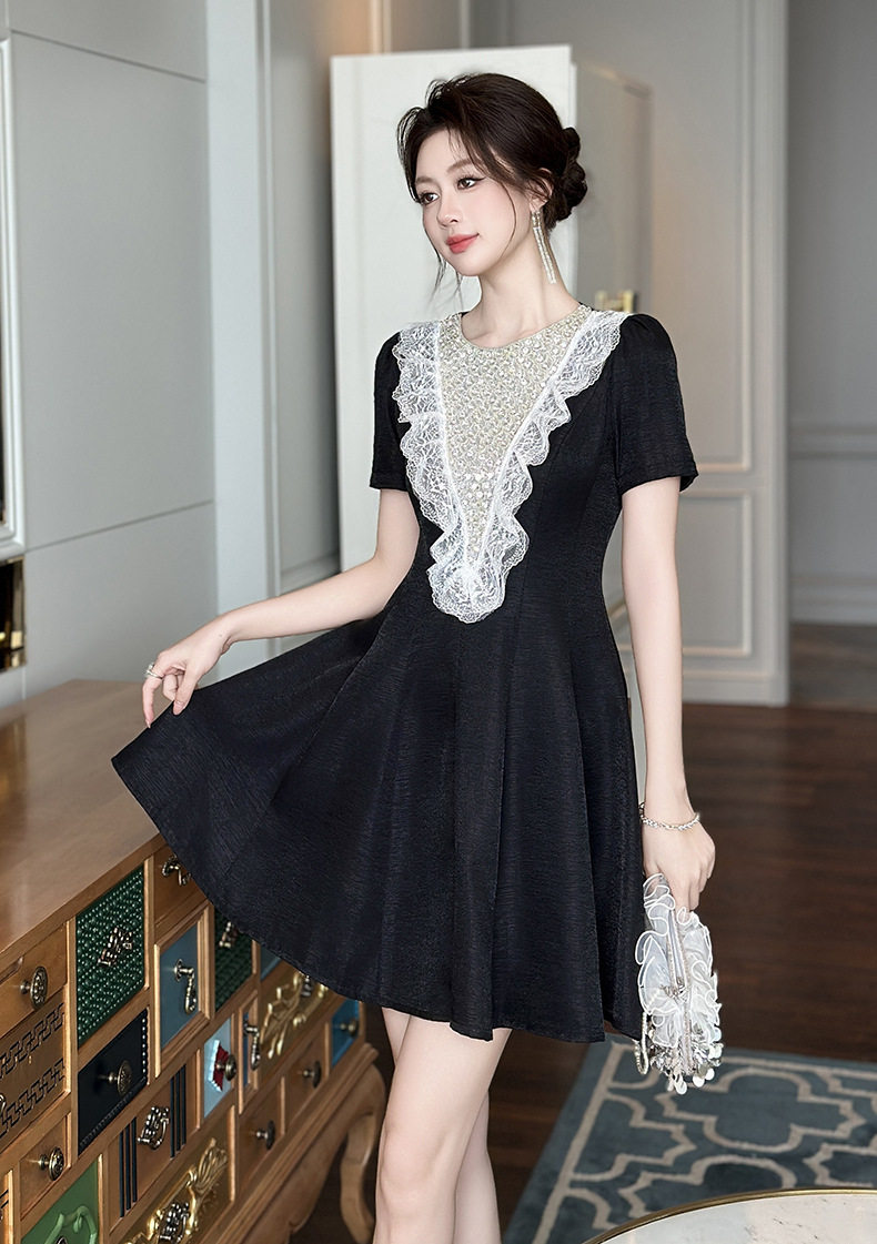 Đầm suông nữ midi tay ngắn cổ tròn A-line phong cách Hàn Quốc — [Đen] chi tiết 8