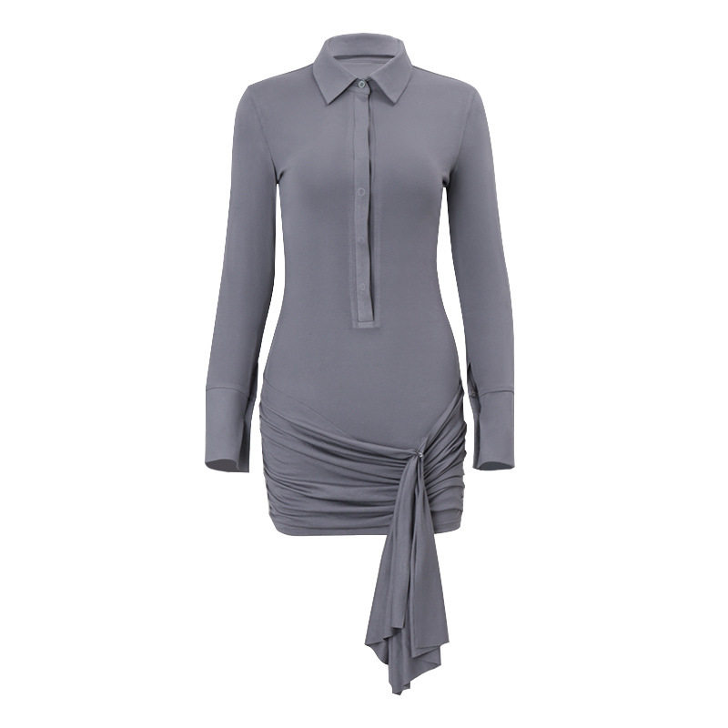 Womens Long Sleeve Polo Dress Slim Fit Button Closure Solid Color Adjustable Tie Winter Fashion Wholesale