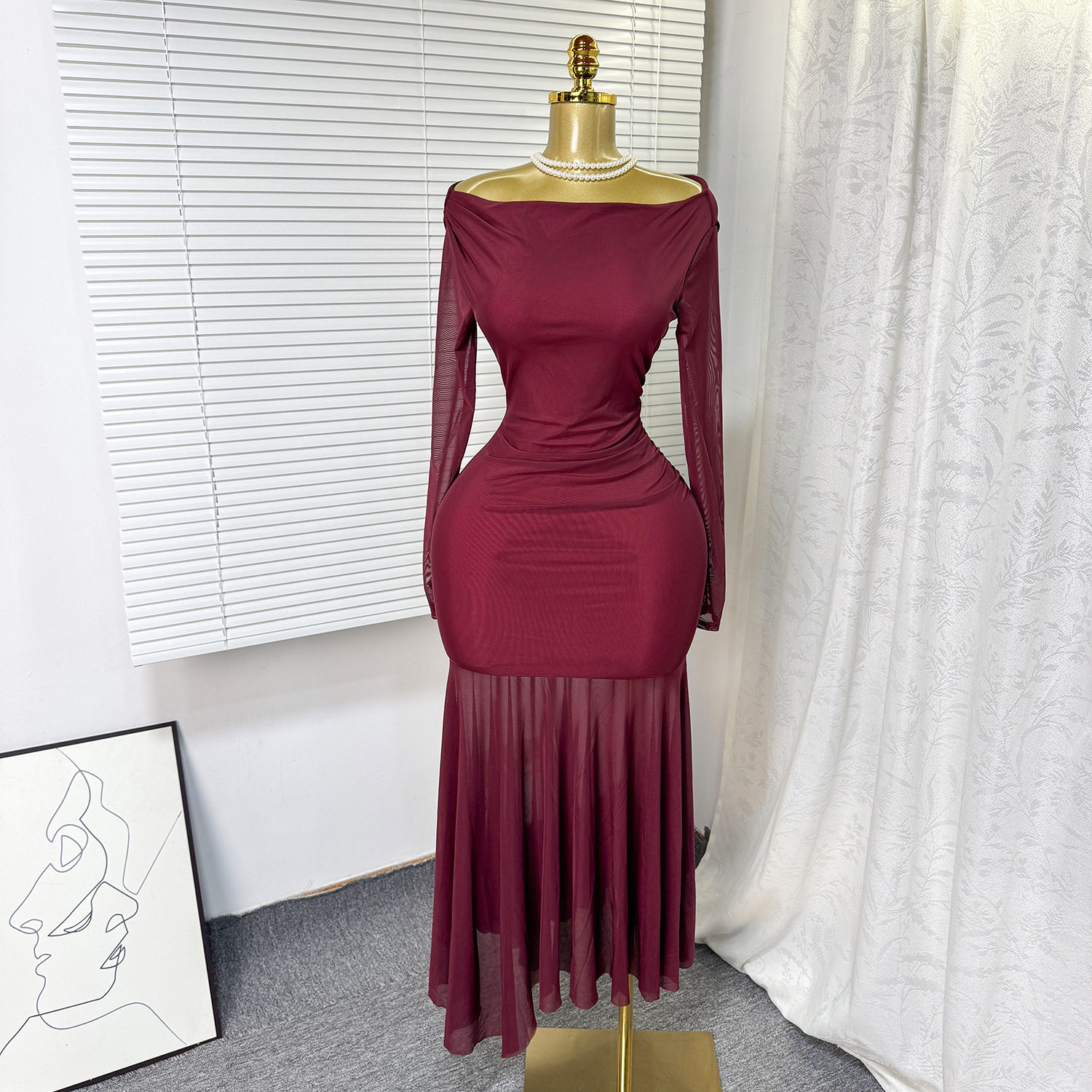 Elegant Burgundy Long Sleeve Dress Slim Fit High Waist A Line Silhouette French Style for Formal Occasions