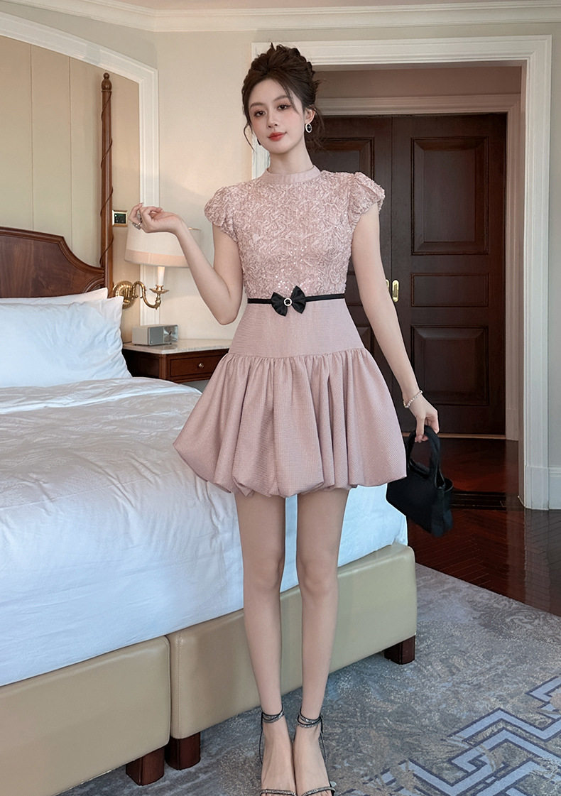 Đầm dự tiệc mùa hè ôm body tay bồng cổ tròn — [Hồng anh đào] chi tiết 10
