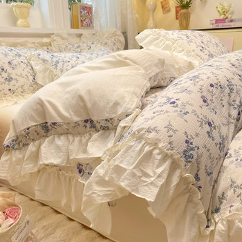 French Retro Pure Cotton Four-Piece Set, Category A, Korean Style Princess Style Cotton Quilt Cover, Three-Piece Set, Ins Naked Sleeping Floral Bedding