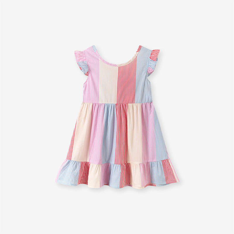 Girls' Summer Short-Sleeve Bow Striped Dress, Style Baby Dress