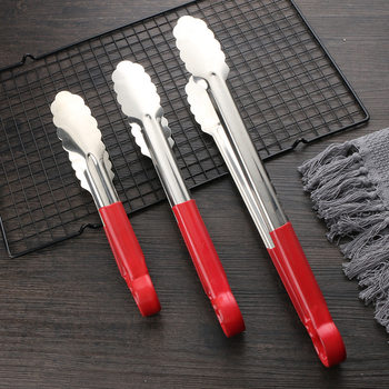 Stainless Steel Food Clip Anti-scalding Long Barbecue Clip Kitchen Supplies Steak Clip Red Glue Clip Barbecue Tools