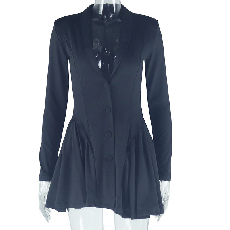 Fashionable Womens Dress Solid Color Pleated Skirt Deep V Neck Long Sleeve Casual or Evening Wear Wholesale