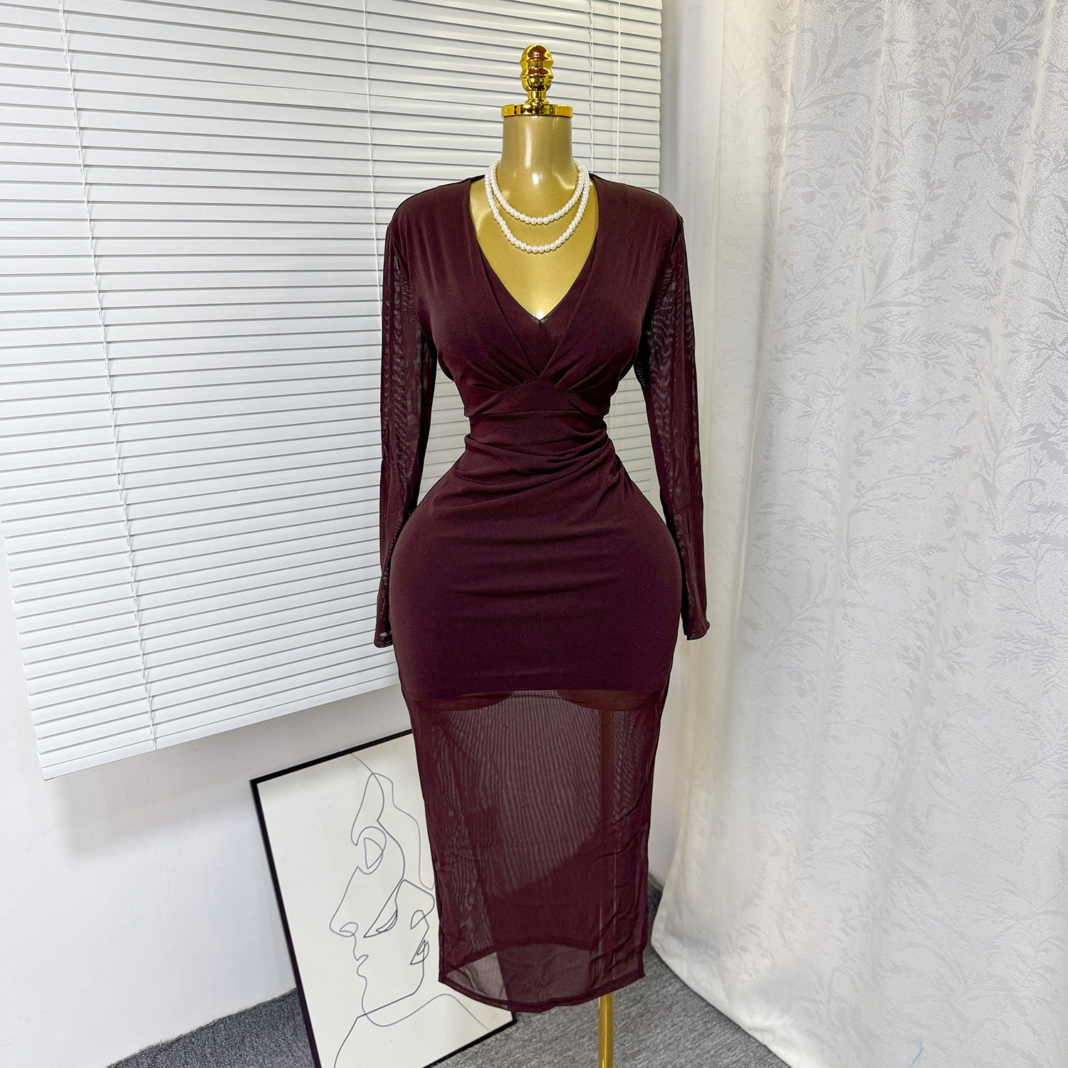 V Neck Bodycon Dress Elastic Mesh Fabric Solid Color Mid Length Spring Fall Fashion Wholesale Available