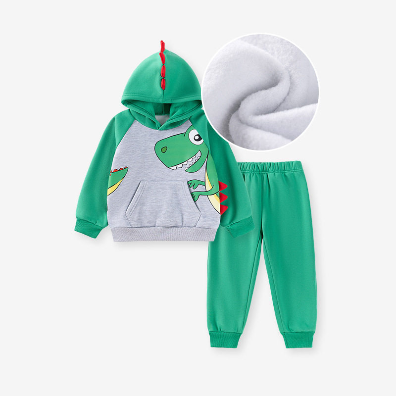 Boys' Cartoon Dinosaur Set, Autumn Fleece-Lined Two-Piece Outfit