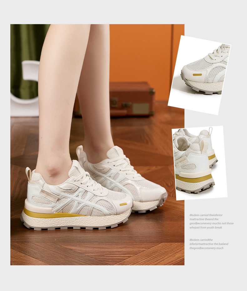 Giày sneaker nữ chunky đế dày lưới thoáng khí, tăng chiều cao — Gạo trắng, Vàng, Xanh dương chi tiết 3