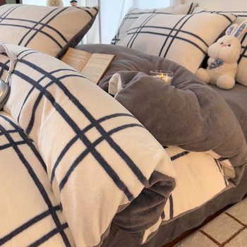 Winter Thickeneded Milk Velvet Four-Piece Set, Warm Coral Velvet Bed Sheetss and Quilt Cover Fleece-Lined Bedding Nantong Three-Piece Set