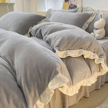 Korean Style Lace Milk Velvet Four-Piece Winter Coral Flannel Quilt Cover Bed Sheetss Winter Fleece-Lined Bed Three-Piece Set