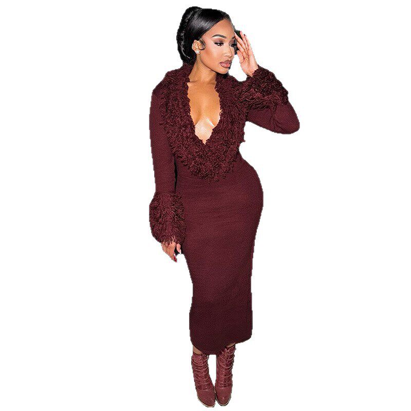 Knit Bodycon Dress Long Sleeve Deep V Neck Fringe Detail Solid Color Autumn Winter Fashion for Parties Wholesale