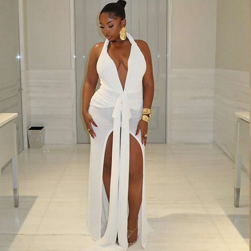 Fashionable Womens Solid Color Sexy Halter Bodycon Dress Backless V Neck Split Hem Evening Wear Party Dress