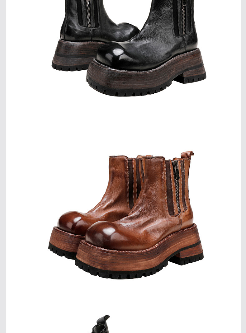 Boot Martin nữ da bò thật đế dày cổ trung, khóa kéo bên — Màu cà phê, Màu đen