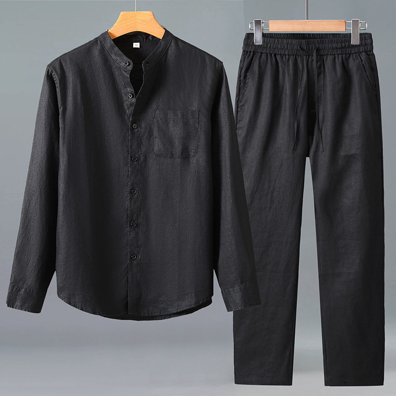 套装亚麻长袖衬衫男中国风休闲纯麻口袋宽松开衫长裤麻料外穿