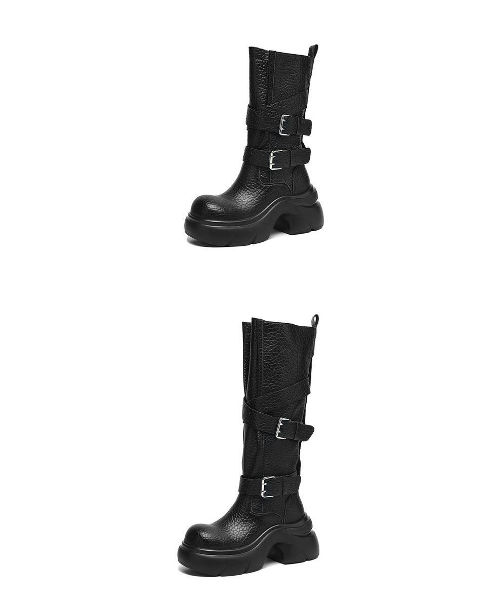 Boot nữ da bò cổ cao gót thô đế dày khóa thắt lưng — Lớp lót lông cừu giữa bắp chân màu đen, Tất đen đến bắp chân, lót một lớp., Lớp lót đơn ống dài màu đen, Lớp lót nhung dài màu đen