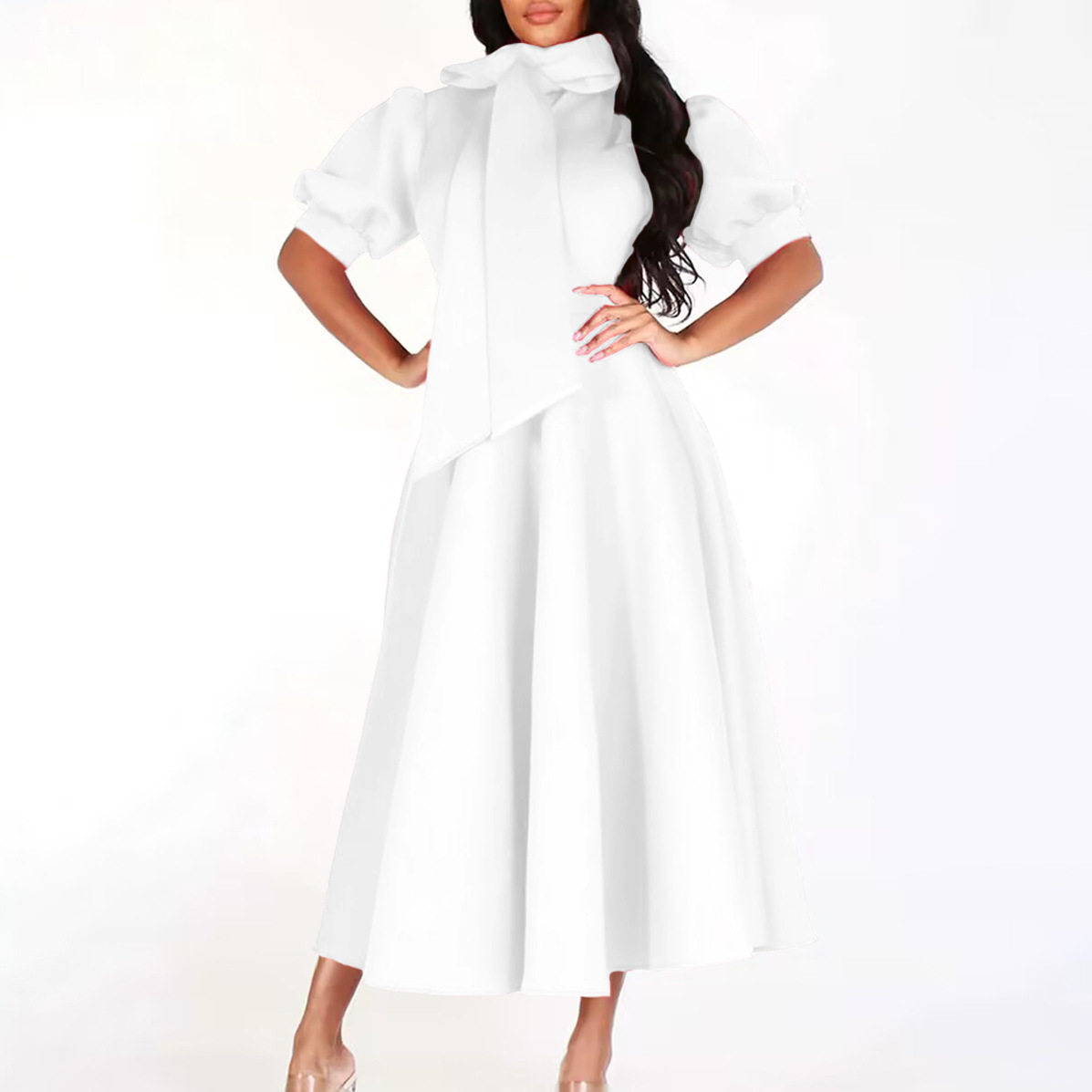 Elegant Puff Sleeve Solid Color Maxi Dress Waist Tie Flattering Fit Spring Summer Style Wholesale Available