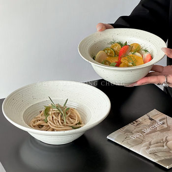 Japanese-Style Rustic Wide-Rim Bowl for Pasta, Fruit Salad, Vintage Dessert Straw Hat Bowl, Breakfast Cereal Snack Bowl