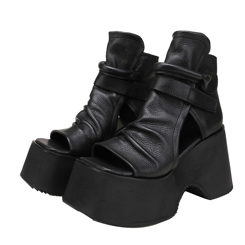 Bốt sandal nữ đế dày mũi hở cá tính phong cách cổ điển — Màu đen, Màu nâu