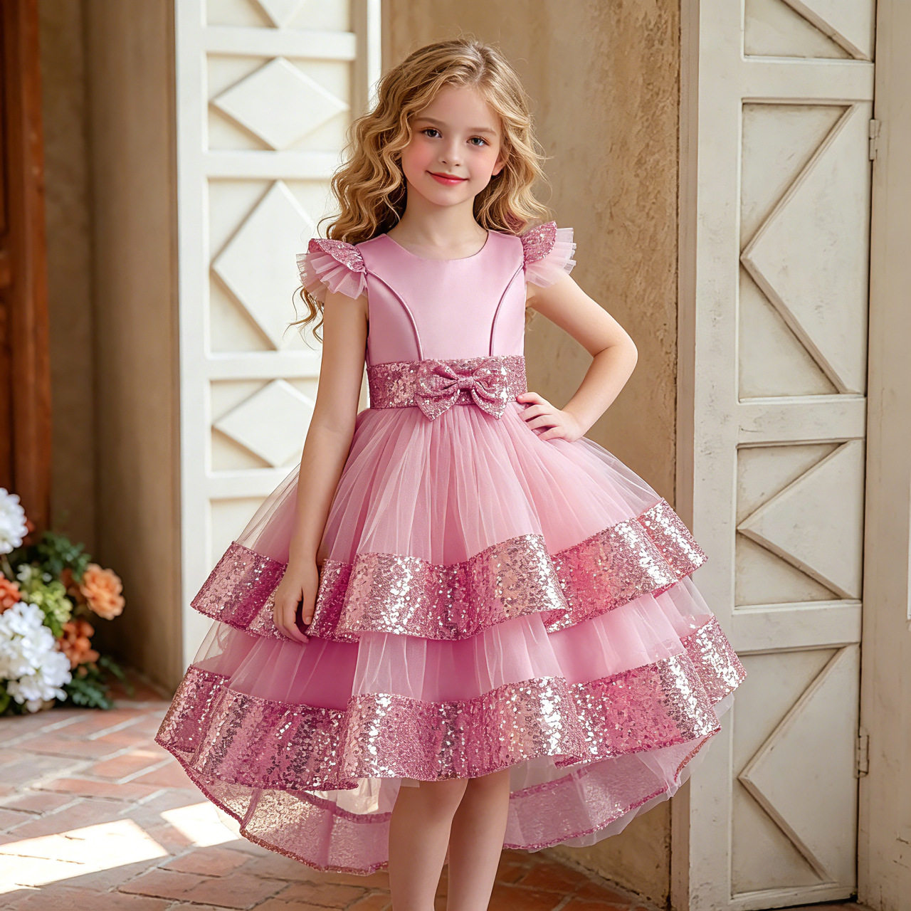 girls princess dress mesh tutu skirt little host flower girl sequin piano performance dress