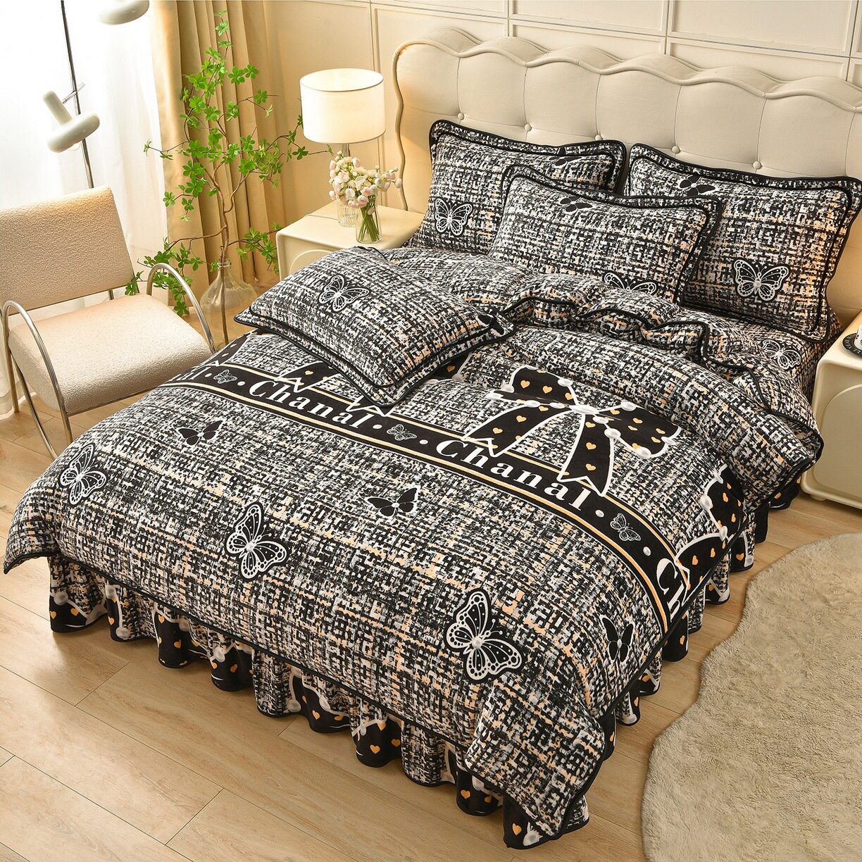 Autumn and Winter Thickened 4kg Milk Velvet Four-Piece Set Live Broadcast French Velvet Gold Mink Velvet Winter Warm Four-Piece Bed Skirt Set