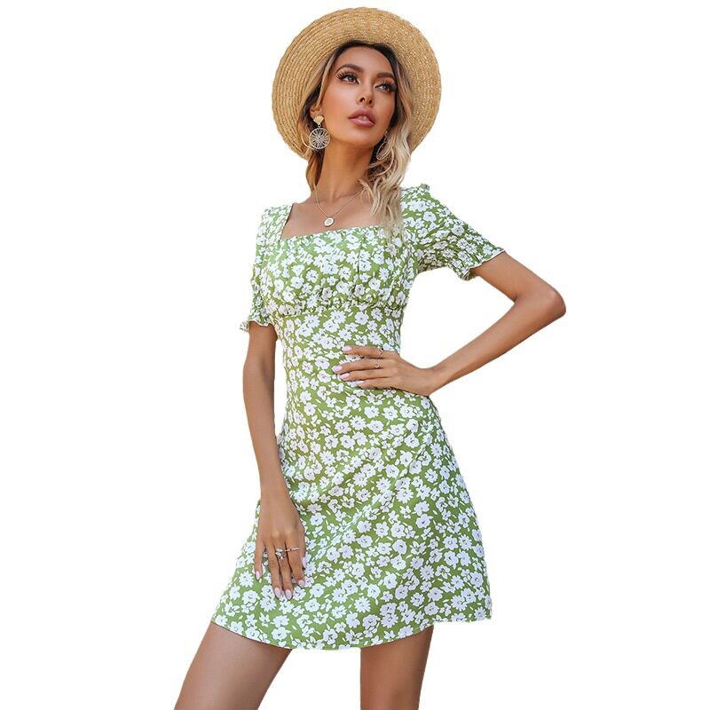 Floral Ruffle Dress Off Shoulder Fresh Country Style Green Fabric Summer Occasion Wholesale Available