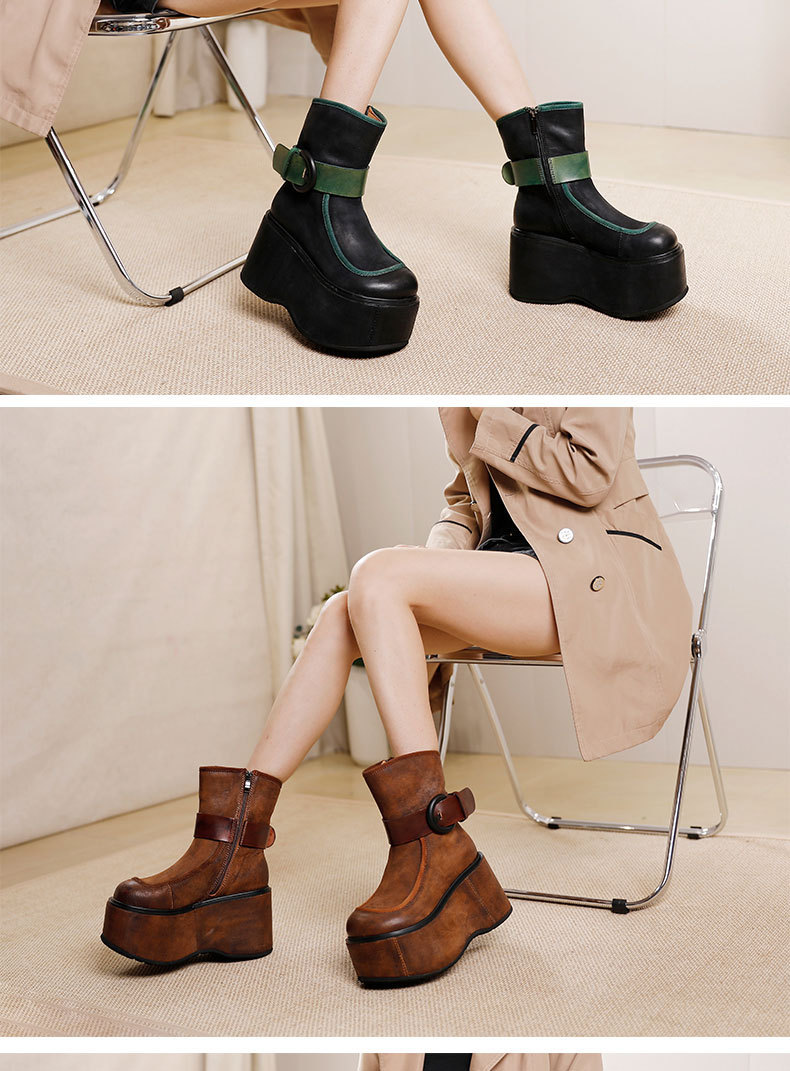 Boot nữ cổ trung da bò thật phối màu đế dày khóa kéo bên — Màu cà phê, Màu đen