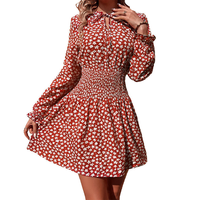 Floral Print Long Sleeve Dress Elastic Waist Casual Style Spring and Autumn Wear Wholesale Available