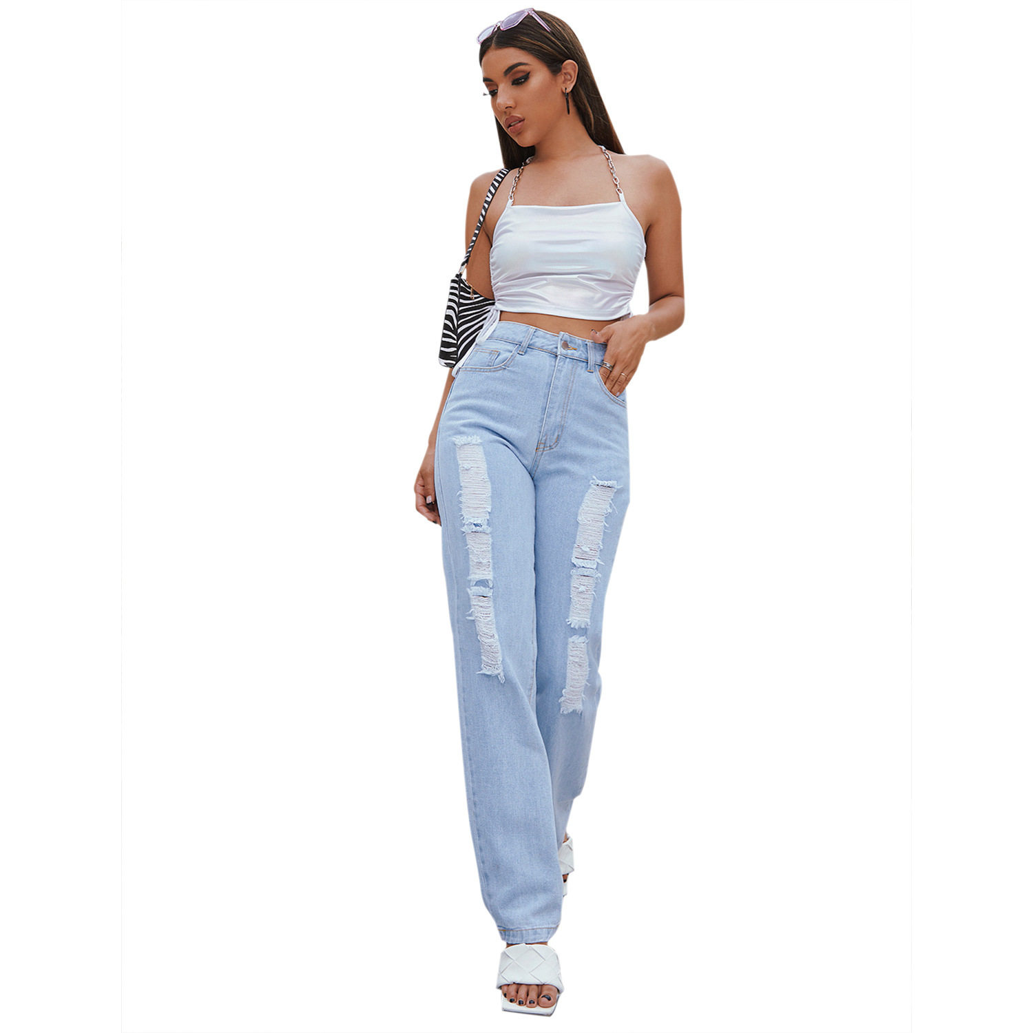 High Waisted Harem Jeans Distressed Design Loose Fit Trendy Style Casual Wear for Women Wholesale Available