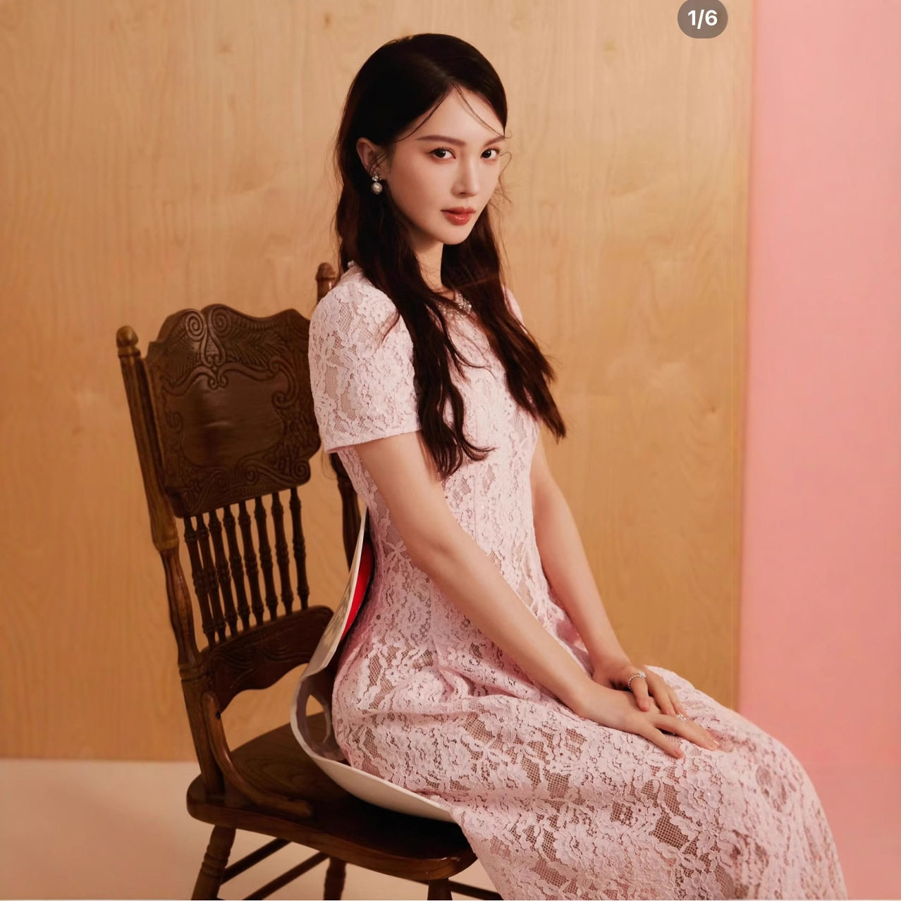 Đầm maxi nữ thắt eo cổ tròn ren hoa 3D tay ngắn midi — Hồng