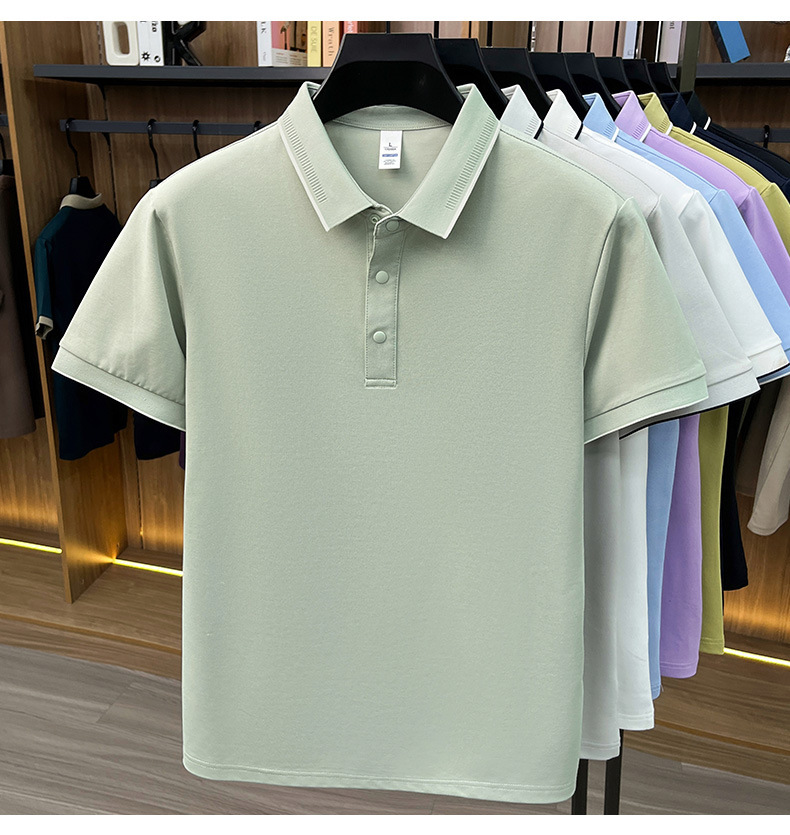 Áo polo nam Leishibert pha cotton lụa tơ tằm, tay ngắn co giãn thoáng mát mùa hè — Xanh biển, Xanh đậu nhạt, Vàng mạch nha, Đen bóng tối