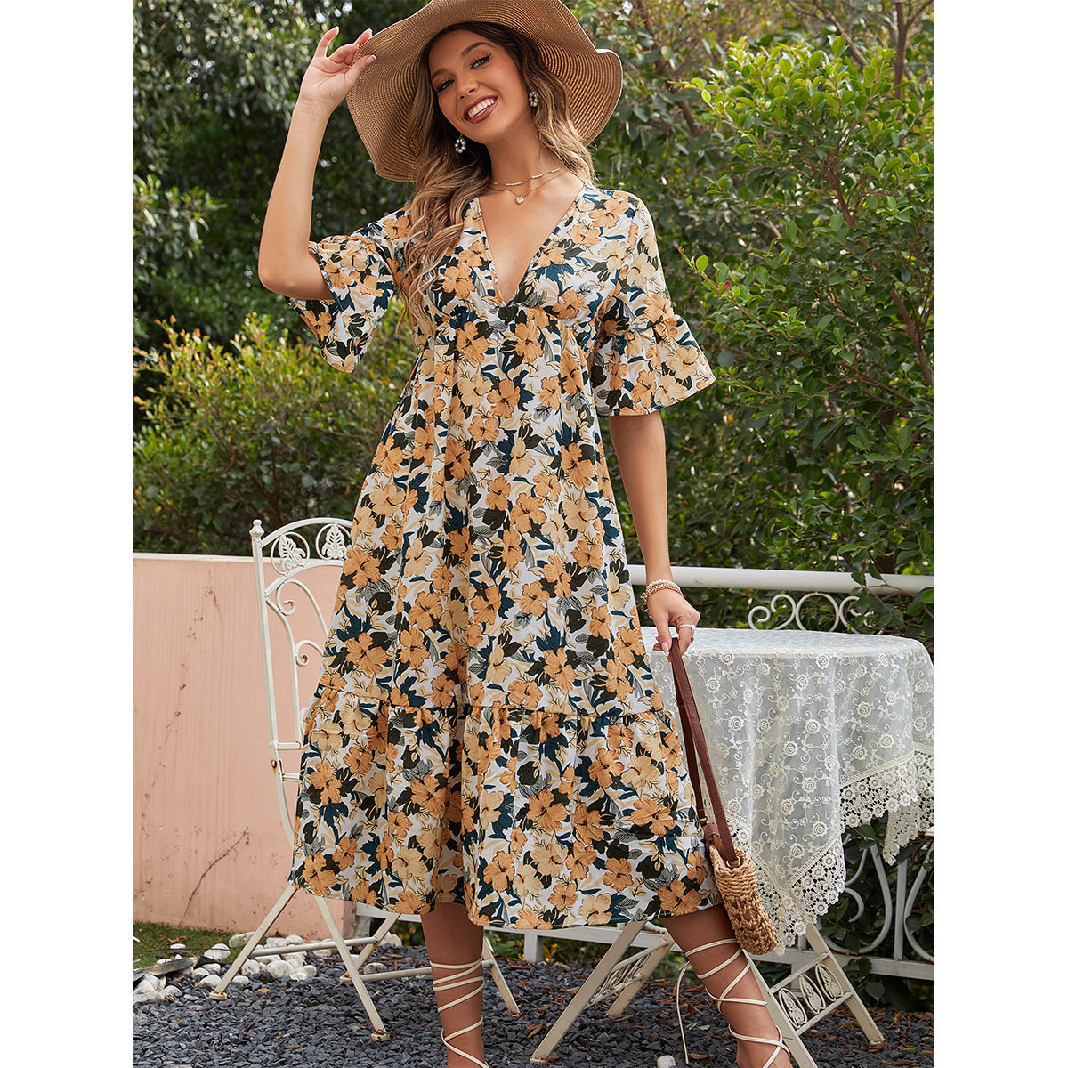 Floral Print V Neck Dress Casual Slim Fit Waist Defining Perfect for Spring Summer Outings Wholesale Available