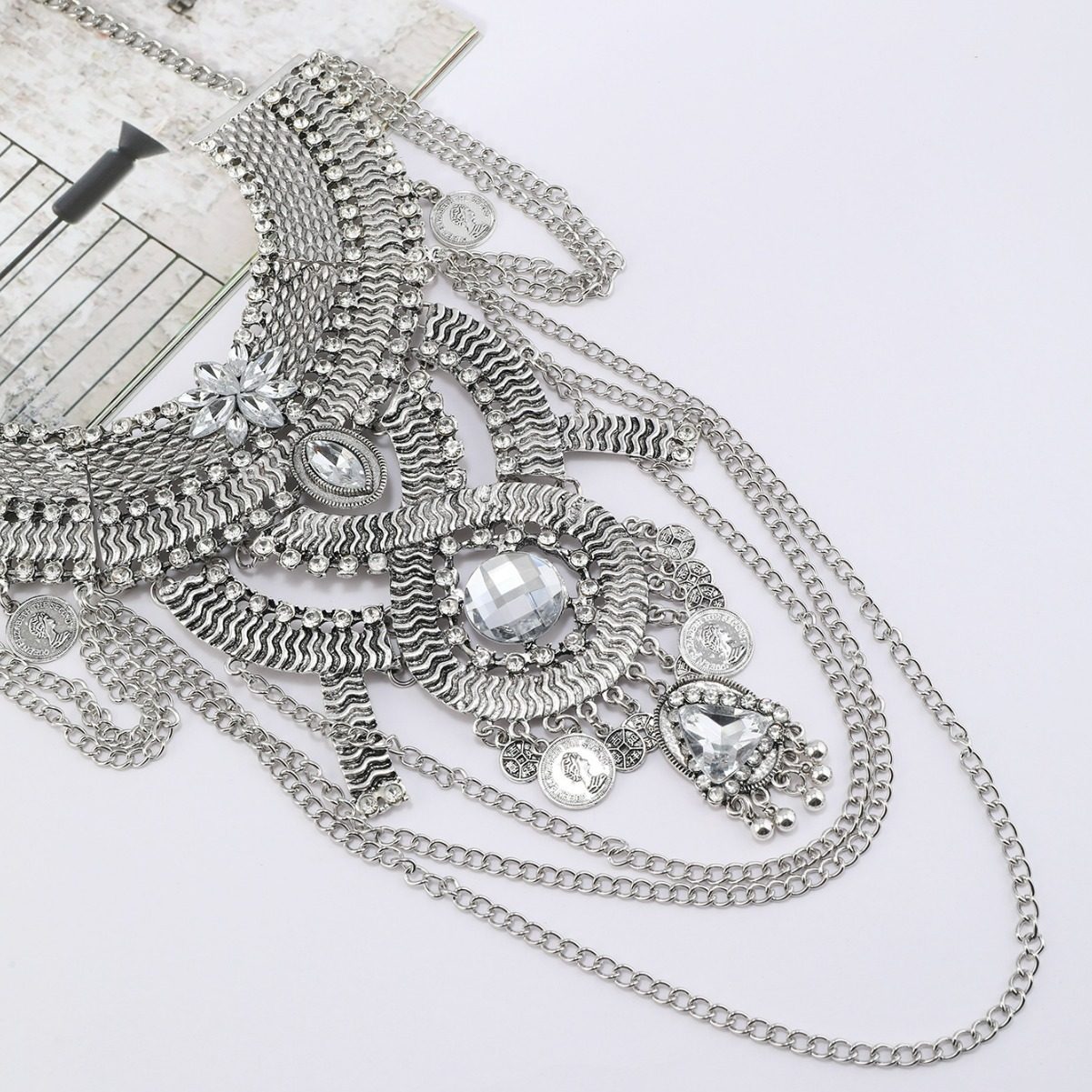 Fashion Retro Carved 8-character Large Exaggerated Tassel Multi-layer Diamond Necklace Women Casual Party Short Collar