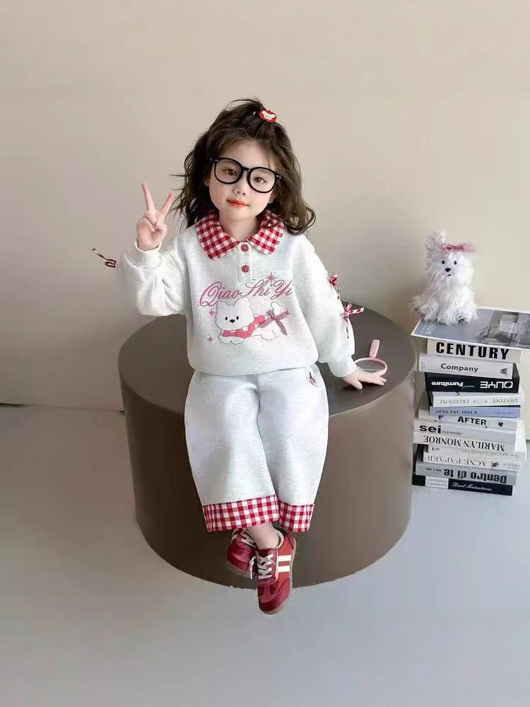 Girls' Fleece-Lined Thickened Two-Piece Set, New Stylish Design, Baby Girl Color-Block Bow Hoodie & Wide-Leg Pants