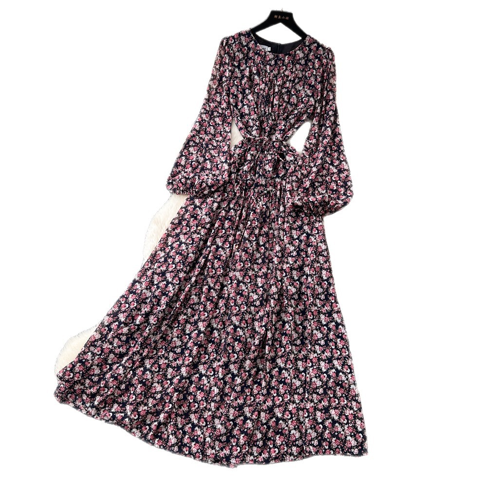 French Romantic Floral Print Dress Waist Defining A Line Silhouette Pleated Long Length Spring Fall Office Wear