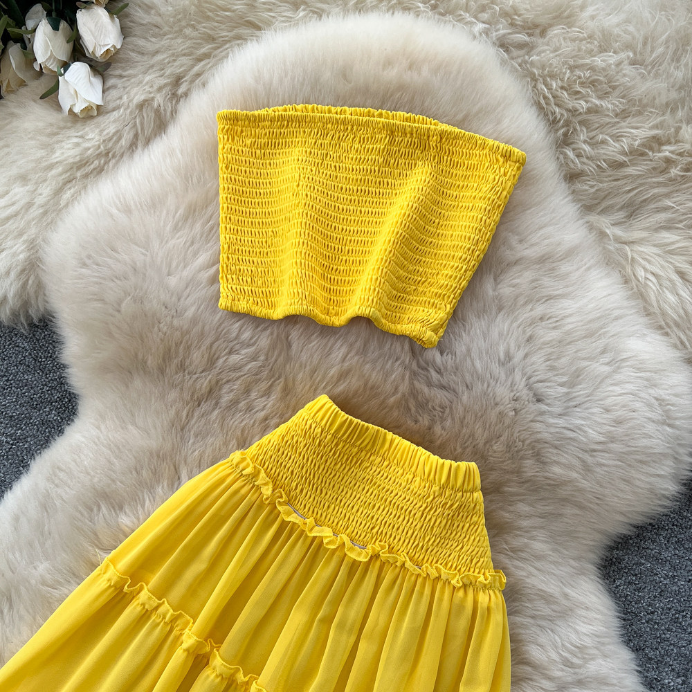 Yellow Pleated Two Piece Set Layered Cake Skirt Elegant Style Summer Fashion Wholesale Available