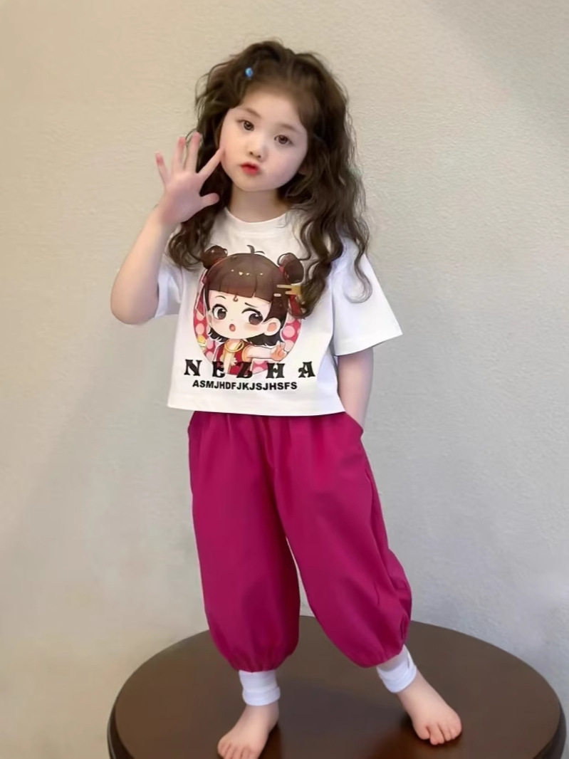 Set di due pezzi sportswear a maniche corte sottili bambine bimbi e piccoli bambini nuova estiva, stampa Nezha neonata bambina