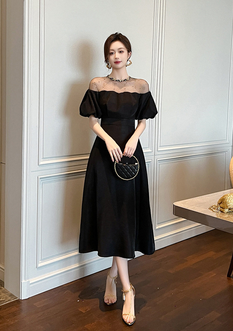 Đầm maxi nữ thắt eo dáng xòe cổ tròn tay bồng — [Đen] chi tiết 4