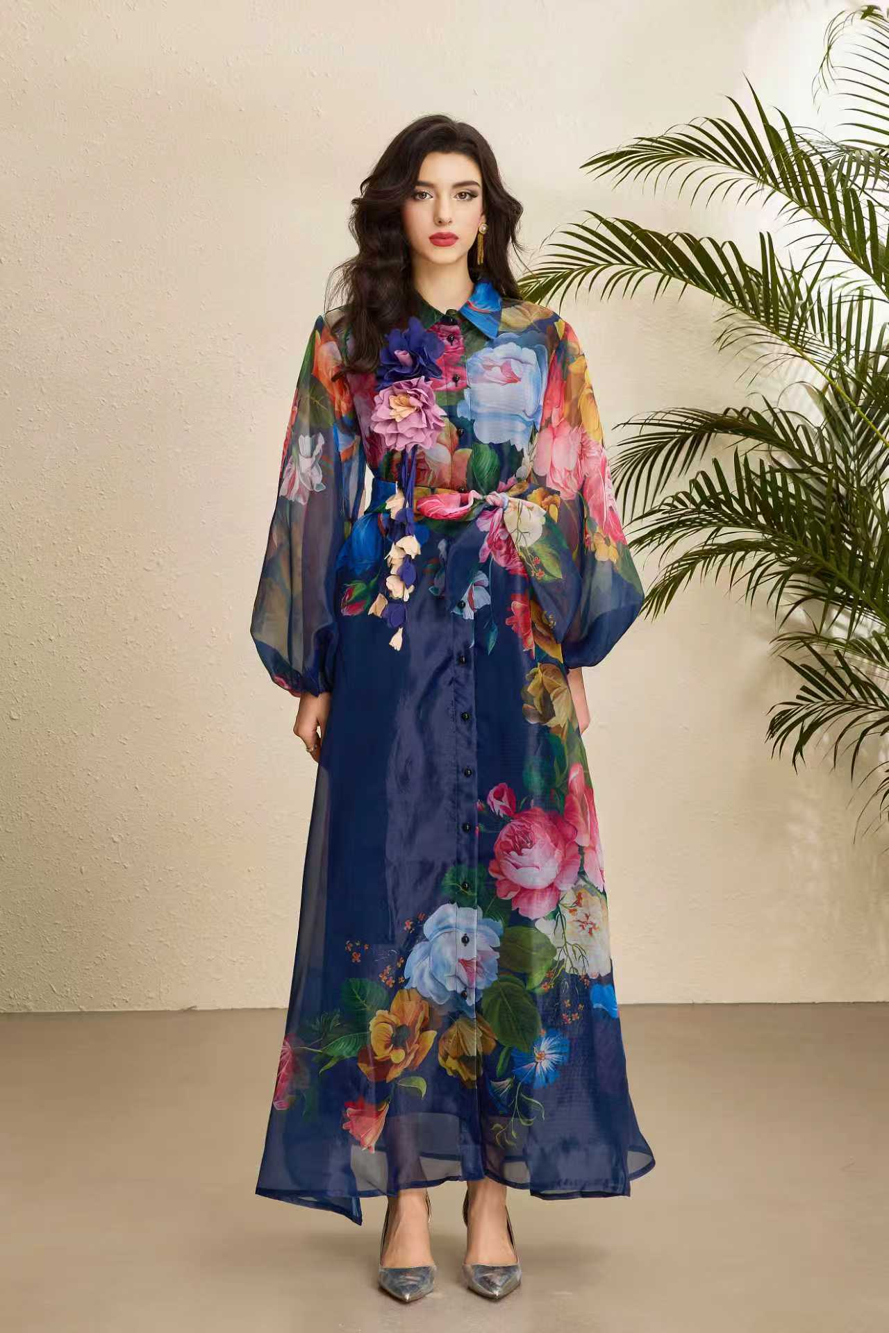 Vintage Floral Print Puff Sleeve Maxi Dress for Women Autumn Waist Tie Design Elegant Style Wholesale Available