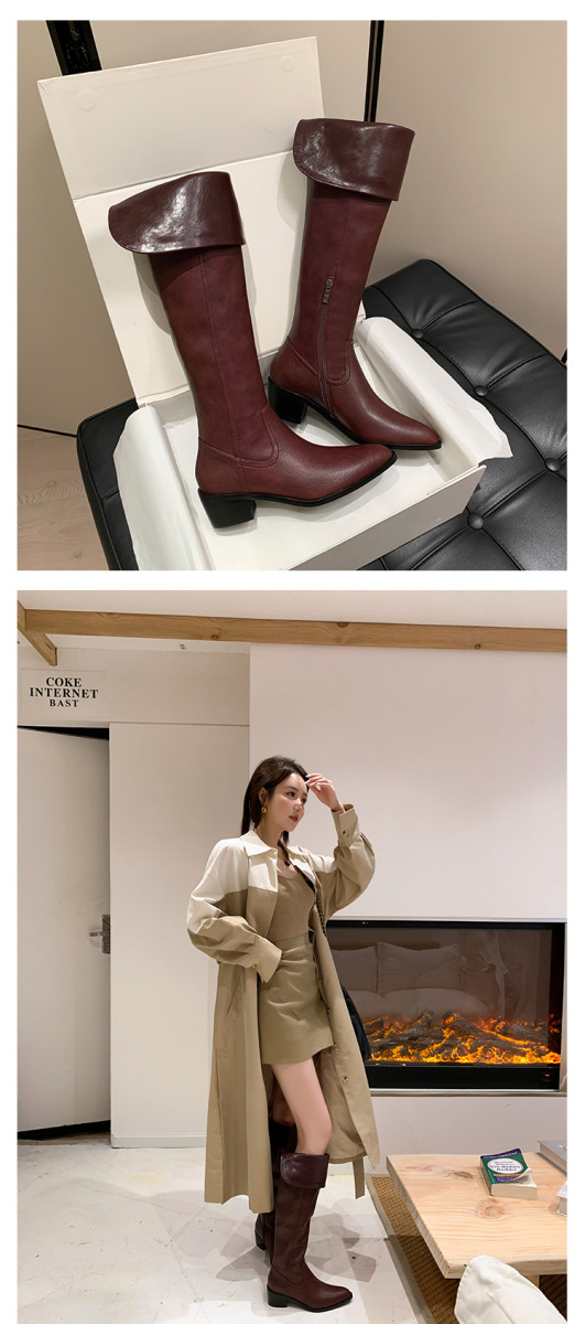 Boot nữ cổ cao quá gối da bò gót thô 5cm mũi nhọn phong cách tối giản — Lớp lót đơn màu đen, Lớp lót đơn màu đỏ neo, Lớp lót nhung đen, Mỏ neo nhung đỏ