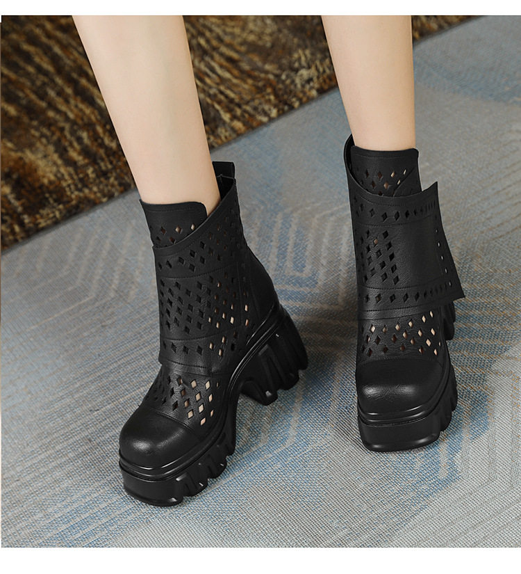 Sandal cao gót nữ hở mũi da bò lỗ khí mùa hè, gót siêu cao 8 cm, phong cách Martens — [Trắng], [Hồng], [Kaki đậm], [Đen] chi tiết 1